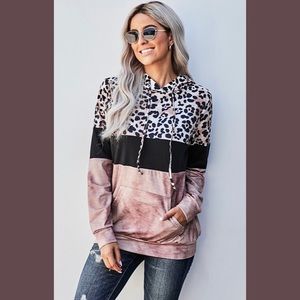 Pink And Black Color Block Leopard Print H…